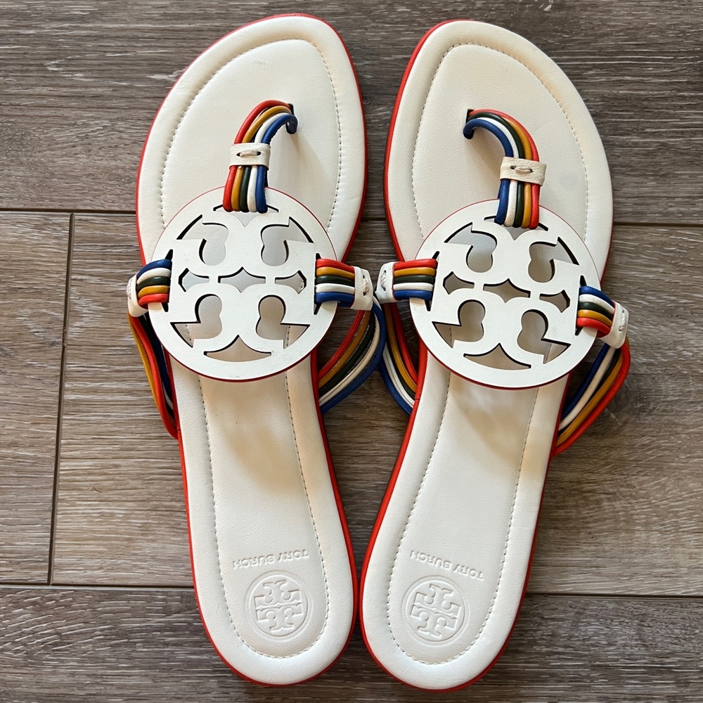 Tory Burch Miller Mignon White Rainbow Patent Leather Sandals, size 9